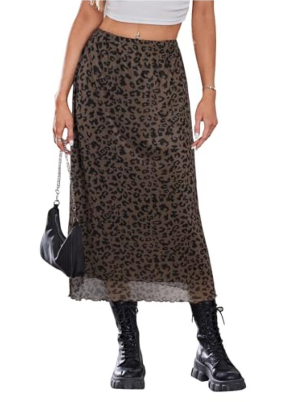 Women's Mesh Split Thigh High Waisted Midi Skirt A Line Boho Casual